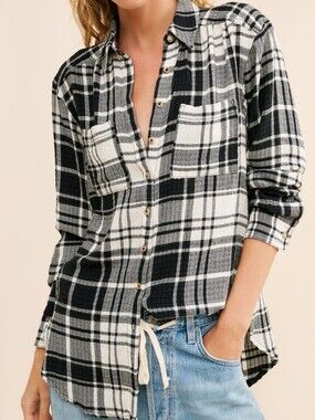 Pilcro Black & White Hadley Oversized Plaid Button-up Long Sleeve Shirt, Size XS